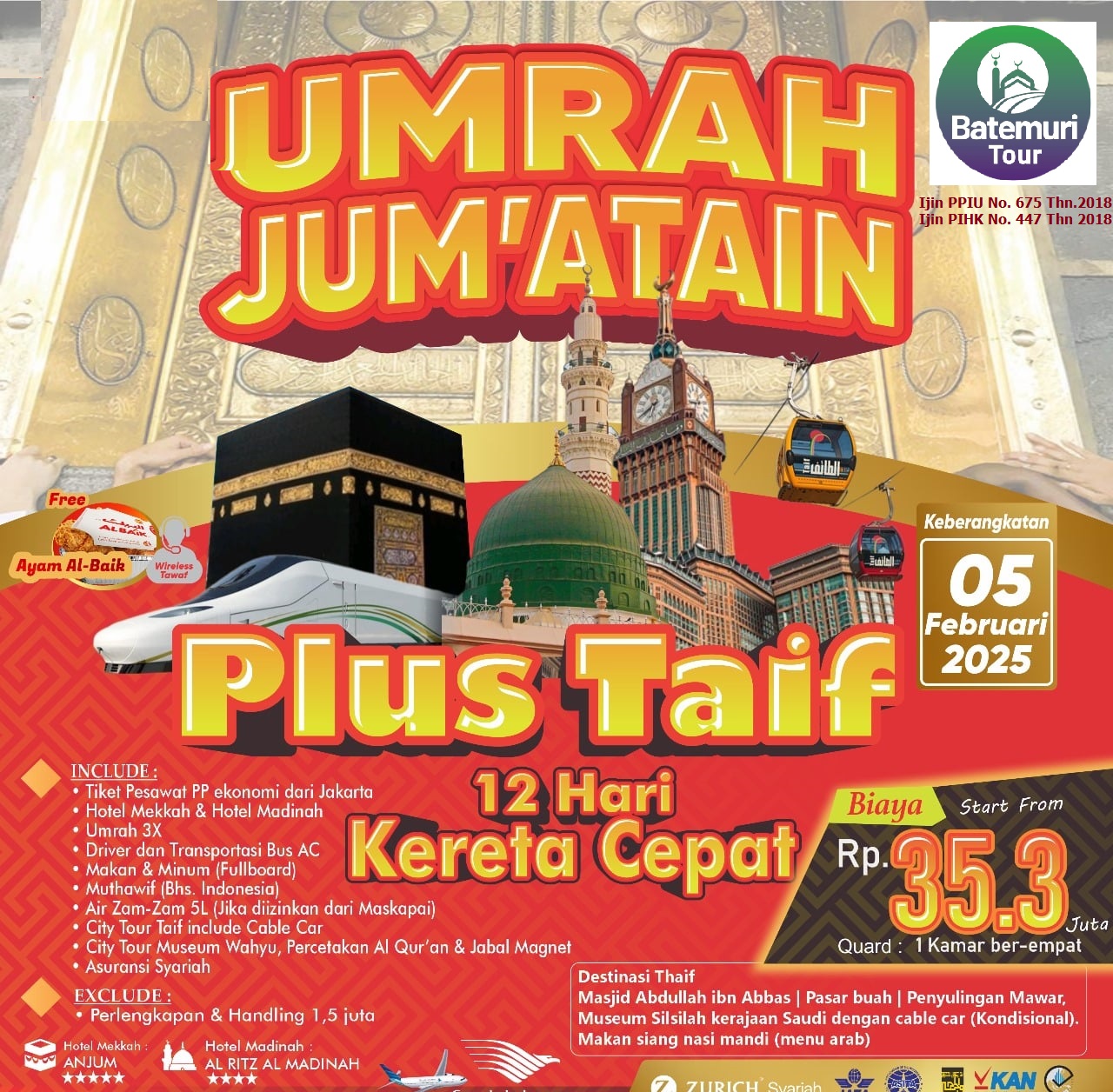 Paket Umrah Jumatan Plus Thaif , Ahz,  Palet 12 hari (Kereta Cepat)  , Keberangkatan Tanggal 05 Februari  2025